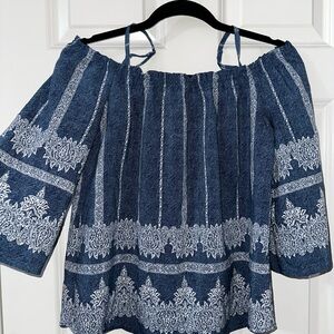 Mine Blue and White Off-Shoulder Blouse
